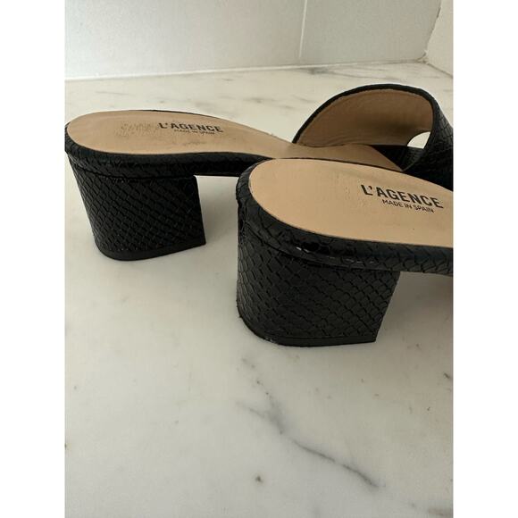 L’agence Black Embossed Leather Open Toe Block Heel Slip On Sandals - Picture 5 of 10